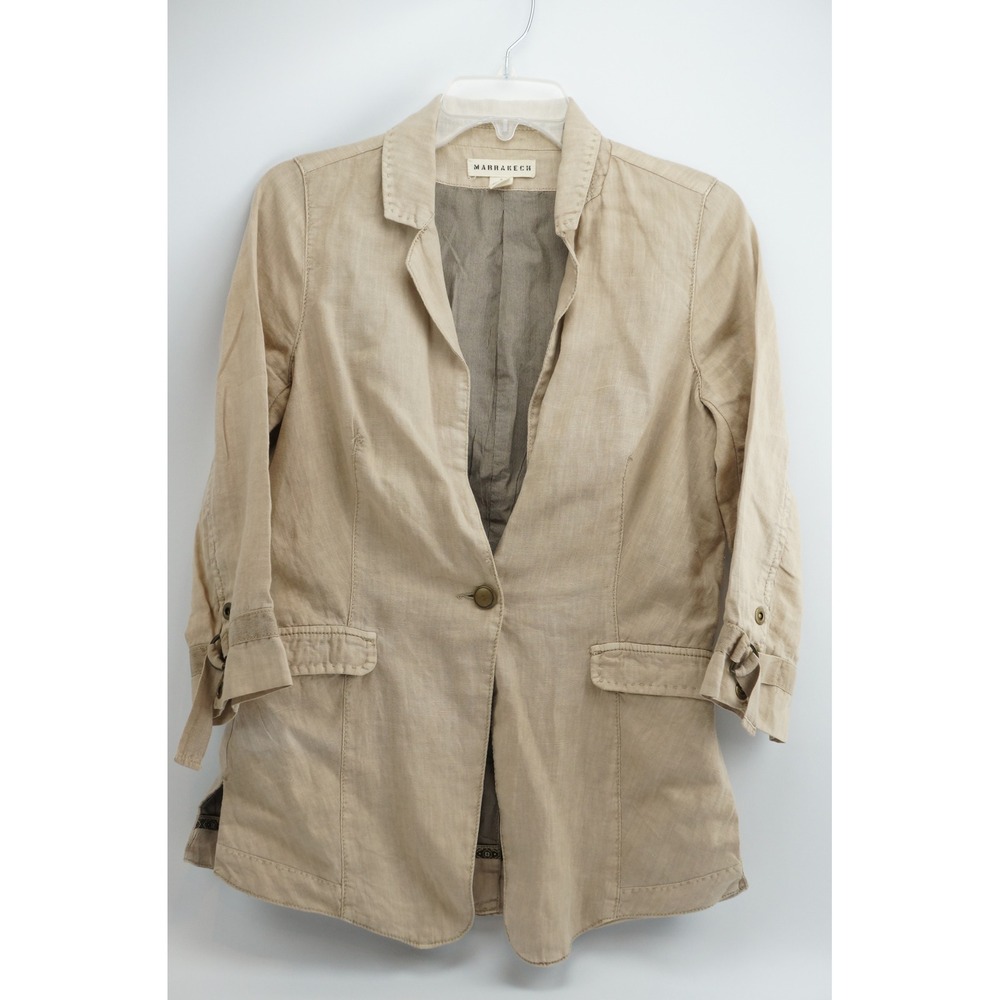 Marrakech Linen Blazer S Tan Safari Single Button 3/4 Sleeve Jacket Excellent